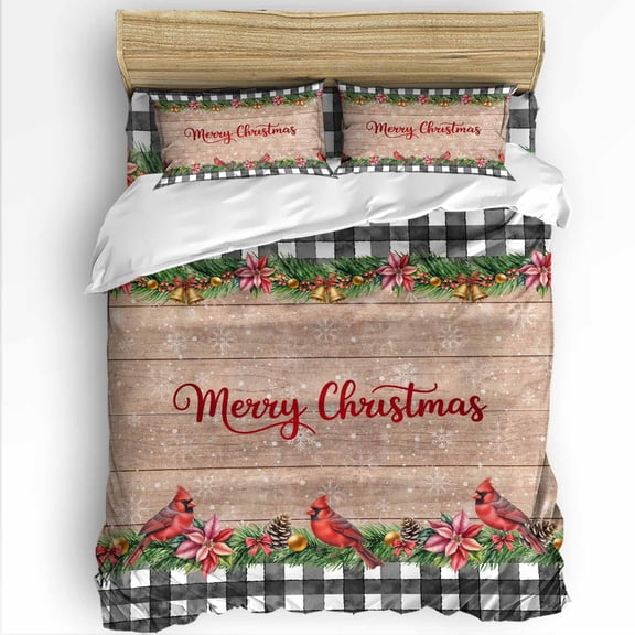 Merry Christmas Twin Size Comforter Set, Cardinal Poinsettia Bell Winter Plaid Wood Soft Bedding for All Seasons, 4 Pcs Bed Set with 1 Comforter (68"x86") ,1Sheet(66"x116"), 2 Pillowcases (19"x29")