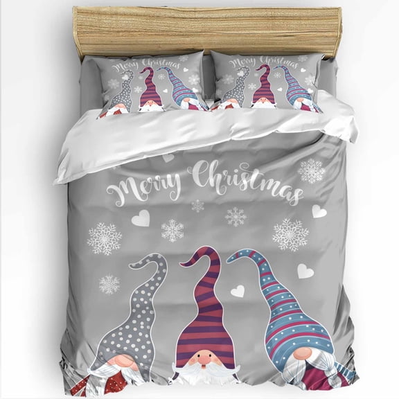 Merry Christmas Twin Size Comforter Set, Christmas Gnomes Snowflakes Heart Grey Soft Bedding for All Seasons, 4 Pcs Bed Set with 1 Comforter (68"x86") ,1Sheet(66"x116"), 2 Pillowcases (19"x29")
