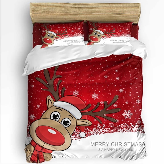 Merry Christmas Twin Size Comforter Set, Cute Cartoon Xmas Elk Winter Snowflake Red Soft Bedding for All Seasons, 4 Pcs Bed Set with 1 Comforter (68"x86") ,1Sheet(66"x116"), 2 Pillowcases (19"x29")