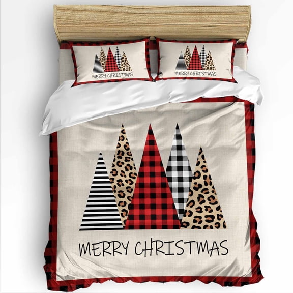 Merry Christmas Twin Size Comforter Set, Leopard Red Black Plaid Stripes Linen Soft Bedding for All Seasons, 4 Pcs Bed Set with 1 Comforter (68"x86") ,1Sheet(66"x116"), 2 Pillowcases (19"x29")