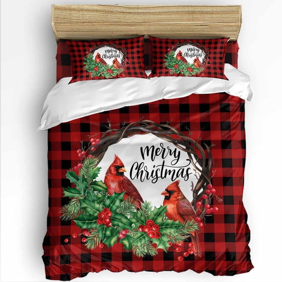 Merry Christmas Twin Size Comforter Set, Red Bird Berry Green Leaf Buffalo Plaid Soft Bedding for All Seasons, 4 Pcs Bed Set with 1 Comforter (68"x86") ,1Sheet(66"x116"), 2 Pillowcases (19"x29")