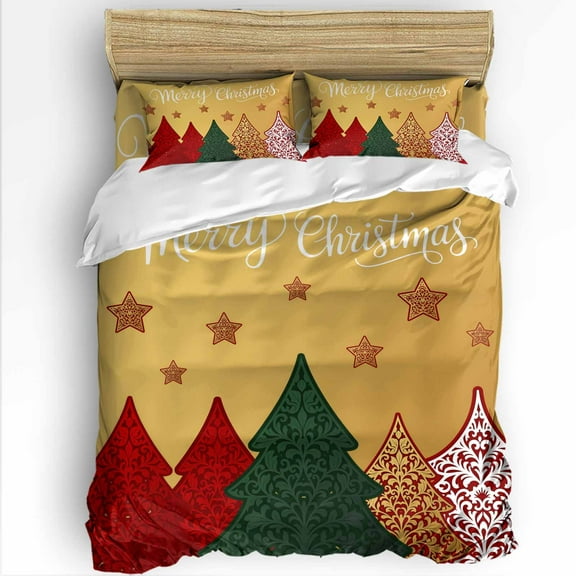 Merry Christmas Twin Size Comforter Set, Red Green Gold Trees Stars Gold Bottom Soft Bedding for All Seasons, 4 Pcs Bed Set with 1 Comforter (68"x86") ,1Sheet(66"x116"), 2 Pillowcases (19"x29")