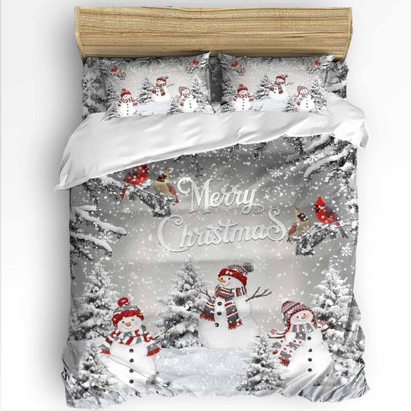 Merry Christmas Twin Size Comforter Set, Red Hat Snowman Pine Tree Leaf Grey Snow Scene Bedding for All Seasons, 4 Pcs Bed Set with 1 Comforter (68"x86") ,1Sheet(66"x116"), 2 Pillowcases (19"x29")