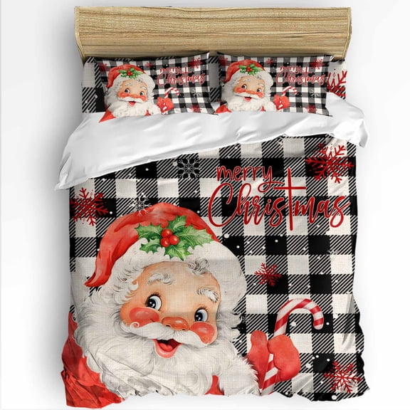 Merry Christmas Twin Size Comforter Set, Red Santa Claus Winter Snowflake Black Plaid Soft Bedding for All Seasons, 4 Pcs Bed Set with 1 Comforter (68"x86") ,1Sheet(66"x116"), 2 Pillowcases (19"x29")