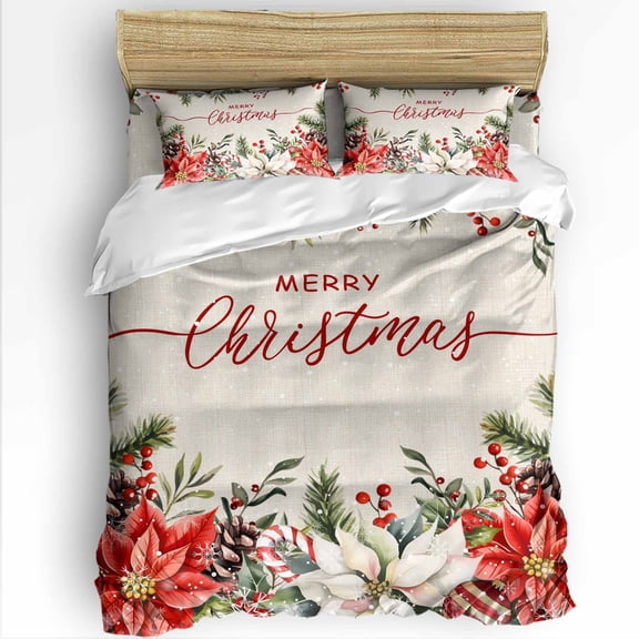 Merry Christmas Twin Size Comforter Set, Red White Flowers Green Leaf Vintage Linen Soft Bedding for All Seasons, 4 Pcs Bed Set with 1 Comforter (68"x86") ,1Sheet(66"x116"), 2 Pillowcases (19"x29")