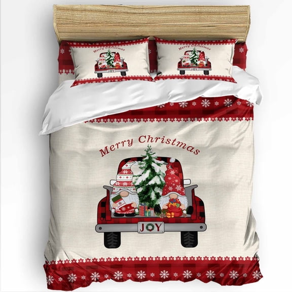 Merry Christmas Twin Size Comforter Set, Red Xmas Trucks Gnome Pine Tree Snow Linen Soft Bedding for All Seasons, 4 Pcs Bed Set with 1 Comforter (68"x86") ,1Sheet(66"x116"), 2 Pillowcases (19"x29")