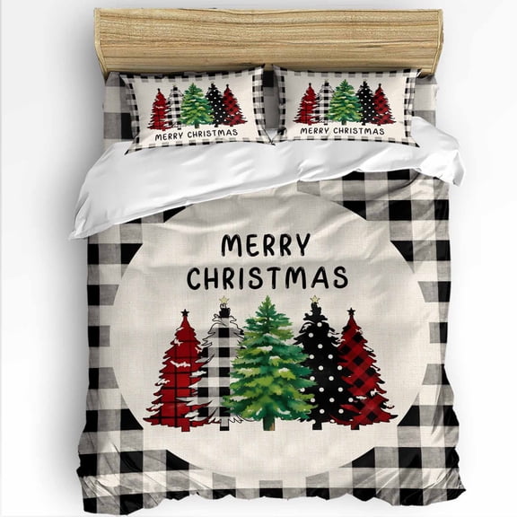 Merry Christmas Twin Size Comforter Set, Retro Plaid Xmas Pine Tree Black Plaid Linen Soft Bedding for All Seasons, 4 Pcs Bed Set with 1 Comforter (68"x86") ,1Sheet(66"x116"), 2 Pillowcases (19"x29")