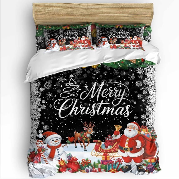 Merry Christmas Twin Size Comforter Set, Santa Elk Snowman Gifts Bell Winter Snowflake Bedding for All Seasons, 4 Pcs Bed Set with 1 Comforter (68"x86") ,1Sheet(66"x116"), 2 Pillowcases (19"x29")