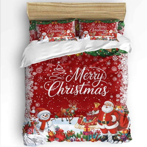 Merry Christmas Twin Size Comforter Set, Santa Elk Snowman Gifts Bell Winter Snowflake Red Bedding for All Seasons, 4 Pcs Bed Set with 1 Comforter (68"x86") ,1Sheet(66"x116"), 2 Pillowcases (19"x29")