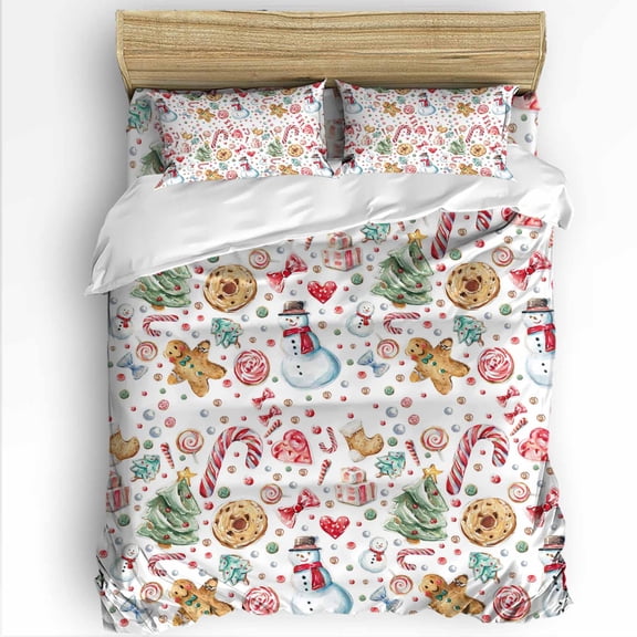 Merry Christmas Twin Size Comforter Set, Trees Gingerbread Man Cookies Candy Cane Snowman Bedding for All Seasons, 4 Pcs Bed Set with 1 Comforter (68"x86") ,1Sheet(66"x116"), 2 Pillowcases (19"x29")