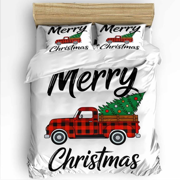 Merry Christmas Twin Size Comforter Set, Winter Red Plaid Truck Christmas Tree Soft Bedding for All Seasons, 4 Pcs Bed Set with 1 Comforter (68"x86") ,1Sheet(66"x116"), 2 Pillowcases (19"x29")
