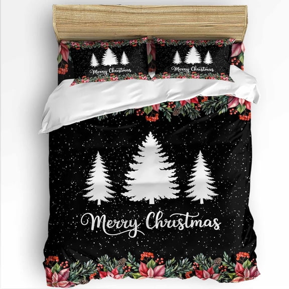 Merry Christmas Twin Size Comforter Set, Xmas Tree Poinsettia Berry Pinecone Black Soft Bedding for All Seasons, 4 Pcs Bed Set with 1 Comforter (68"x86") ,1Sheet(66"x116"), 2 Pillowcases (19"x29")