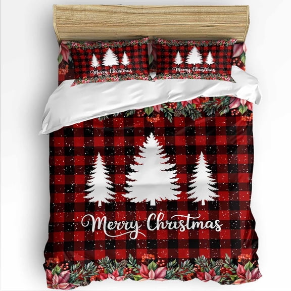 Merry Christmas Twin Size Comforter Set, Xmas Tree Poinsettia Berry Pinecone Red Plaid Bedding for All Seasons, 4 Pcs Bed Set with 1 Comforter (68"x86") ,1Sheet(66"x116"), 2 Pillowcases (19"x29")