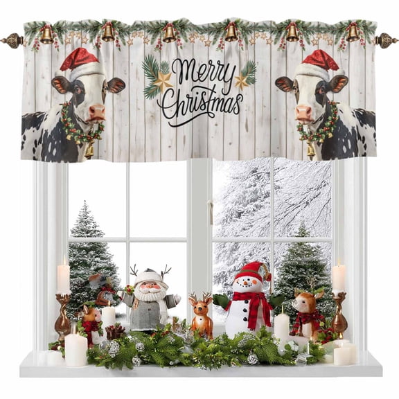 Merry Christmas Valance Curtain for Windows Xmas Cow Bell Pine Leaf Star Grey Wood Grain Rod Pocket Curtain Valances Short Window Treatments Panels for Kitchen Bathroom Basement 60 x 14 Inch