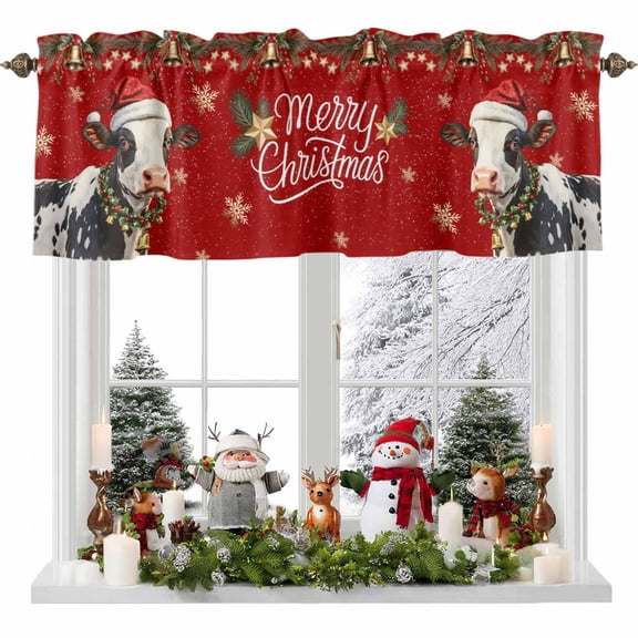 Merry Christmas Valance Curtain for Windows Xmas Hat Cow Bell Snowflake Red Background Rod Pocket Curtain Valances Short Window Treatments Panels for Kitchen Bathroom Basement 42 x 18 Inch