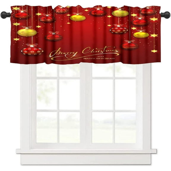 Merry Christmas Valance Curtains,Xmas Baubles Snowflakes Pine Trees Decors Xmas Holiday Theme Print Small Window Treatments For Kitchen Living Room Decor Rod Pocket Valances 54x18 Inch,1 Panel