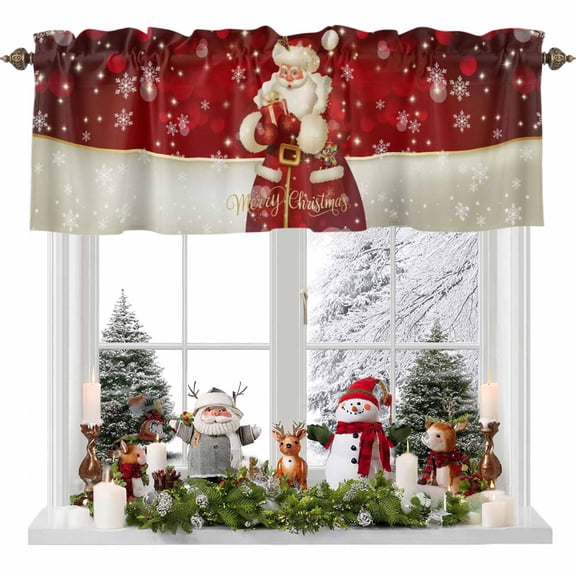 Merry Christmas Valances for Windows, 42 x 18in, Retro Santa Claus Box Xmas Snowflakes Red Rod Pocket Kitchen Valance Curtain Light Filtering Window Treatments for Living Room Bedroom, 1 Panel