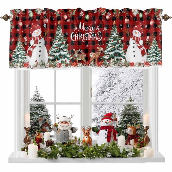Merry Christmas Valances for Windows, 42 x 18in, Snowman Pine Tree Xmas Balls Deer Snow Red Plaid Rod Pocket Kitchen Valance Curtain Light Filtering Window Treatments for Living Room Bedroom, 1 Panel
