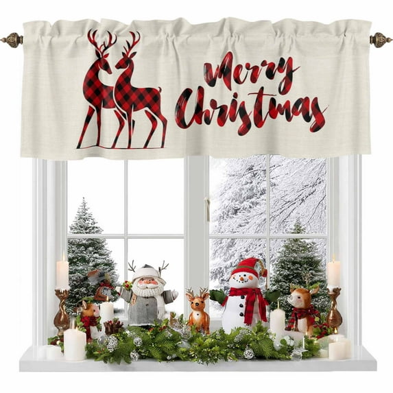 Merry Christmas Valances for Windows, 42 x 18in, Winter Red Plaid Elk Xmas Linen Rod Pocket Kitchen Valance Curtain Light Filtering Window Treatments for Living Room Bedroom, 1 Panel