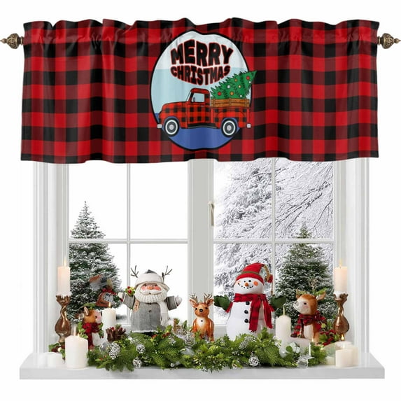 Merry Christmas Valances for Windows, 42 x 18in, Winter Red Plaid Truck Xmas Tree Rod Pocket Kitchen Valance Curtain Light Filtering Window Treatments for Living Room Bedroom, 1 Panel
