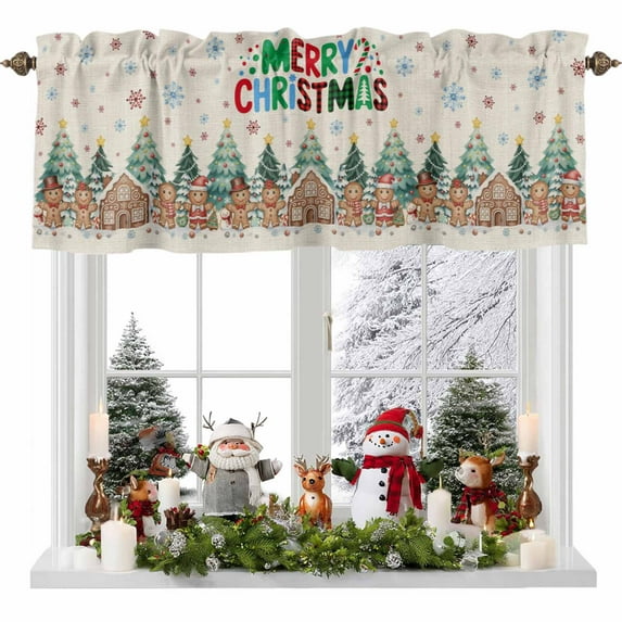 Merry Christmas Valances for Windows, 54 x 18in, Gingerbread Man Snowflake Winter Linen Rod Pocket Kitchen Valance Curtain Light Filtering Window Treatments for Living Room Bedroom, 1 Panel