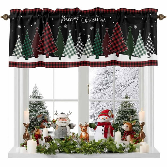 Merry Christmas Valances for Windows, 54 x 18in, Plaid Xmas Tree Snowflake Red Green Rod Pocket Kitchen Valance Curtain Light Filtering Window Treatments for Living Room Bedroom, 1 Panel