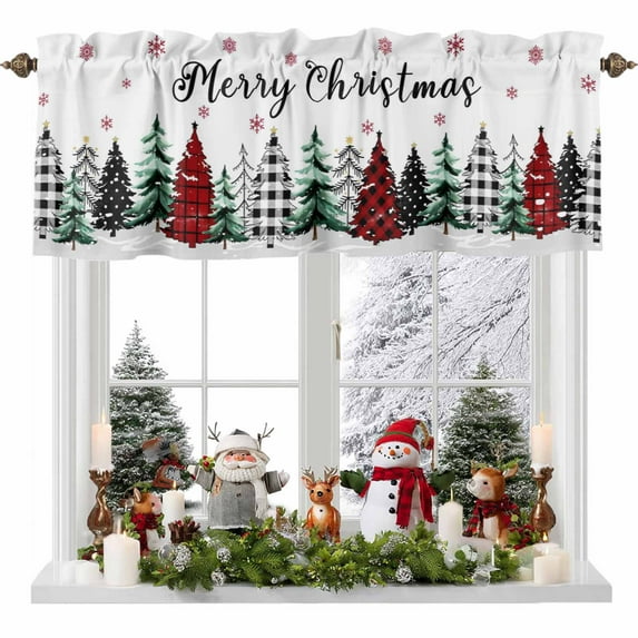 Merry Christmas Valances for Windows, 54 x 18in, Red Black Plaid Christmas Green Tree Snowflakes Rod Pocket Kitchen Valance Curtain Light Filtering Window Treatments for Living Room Bedroom, 1 Panel