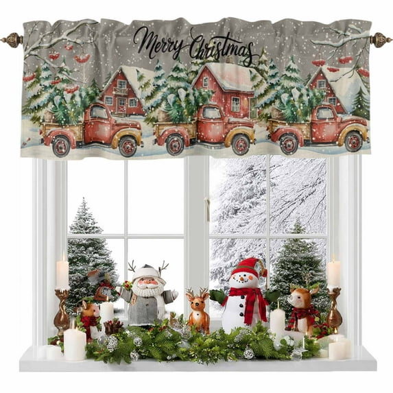 Merry Christmas Valances for Windows, 54 x 18in, Winter Truck Pine Chalet Snowflake Grey Rod Pocket Kitchen Valance Curtain Light Filtering Window Treatments for Living Room Bedroom, 1 Panel