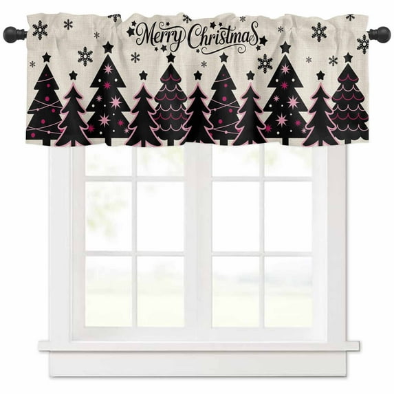 Merry Christmas Valances for Windows, Black Christmas Tree Snowflakes Linen Light Filtering Window Treatment Valances, Rod Pocket Small Curtains for Kitchen/Bathroom, 56"x16"
