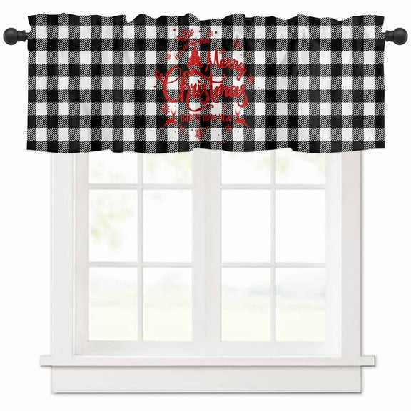Merry Christmas Valances for Windows, Black White Buffalo Checked Plaid Light Filtering Window Treatment Valances, Rod Pocket Small Curtains for Kitchen/Bathroom, 60"x18"