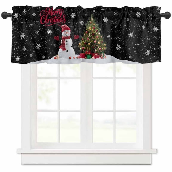 Merry Christmas Valances for Windows, Black Winter Snowman Xmas Ball Pine Tree Snow Light Filtering Window Treatment Valances, Rod Pocket Small Curtains for Kitchen/Bathroom, 56"x16"