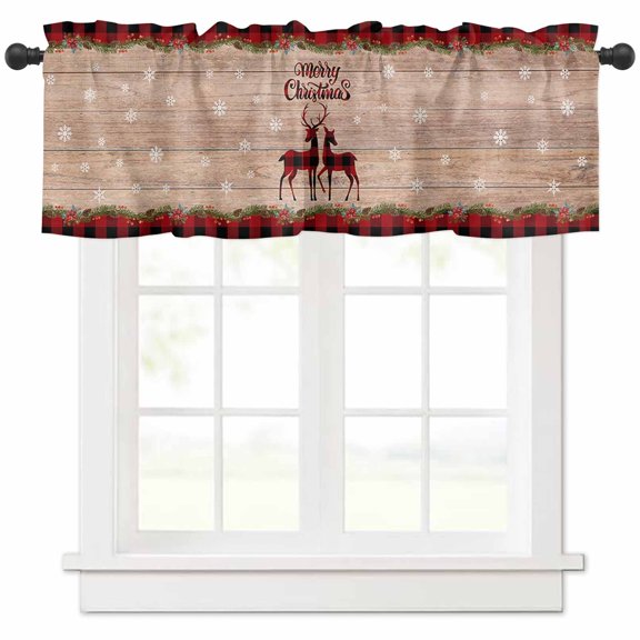 Merry Christmas Valances for Windows, Buffalo Check Plaid Reindeer Rustic Wooden Light Filtering Window Treatment Valances, Rod Pocket Small Curtains for Kitchen/Bathroom, 60"x18"