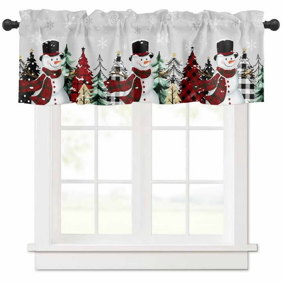 Merry Christmas Valances for Windows, Christmas Snowman Snowflakes Tree Grey Light Filtering Window Treatment Valances, Rod Pocket Small Curtains for Kitchen/Bathroom, 42"x12"