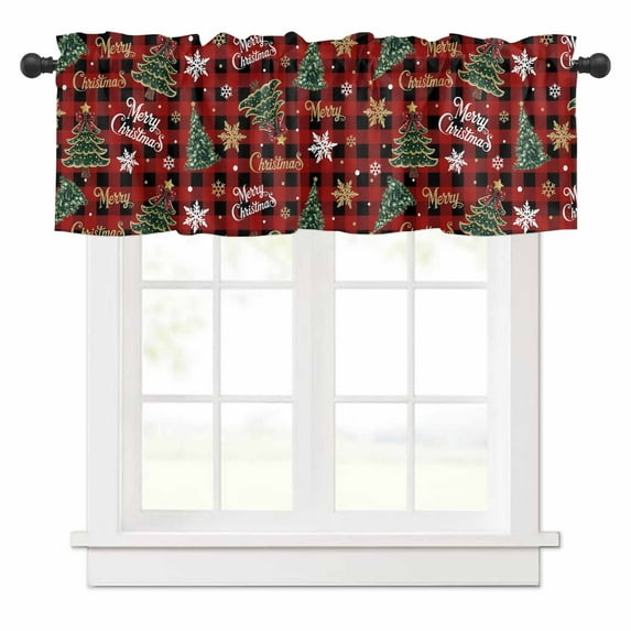 Merry Christmas Valances for Windows Christmas Trees Xmas Winter Snowflakes Stars Red Black Plaid Rod Pocket Curtain Valance Window Treatment Short Curtains for Kitchen Living Room, 58"x16"