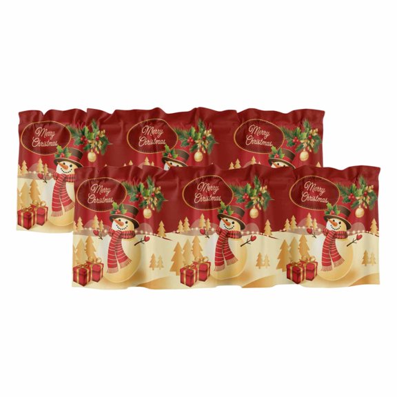 Merry Christmas Valances for Windows, Decorative Rod Pocket Window Valance Curtains, Winter Snowman Gold Pine Tree Berry Ball Short Curtain Drapes for Kitchen/Living Room, 2 Panels, 42" W x 12" L
