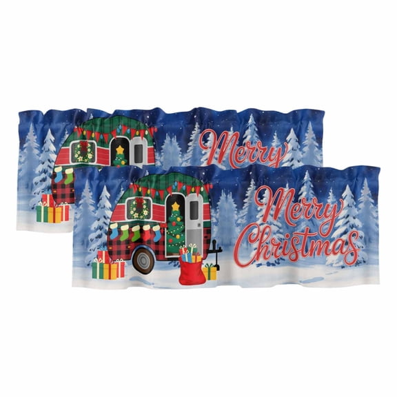 Merry Christmas Valances for Windows, Decorative Rod Pocket Window Valance Curtains, Xmas Tree Camper Van Winter Gifts Short Curtain Drapes for Kitchen/Bathroom/Living Room, 2 Panels, 42" W x 12" L