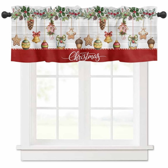 Merry Christmas Valances for Windows, Falling Xmas Bell Ball Pine Cone Biscuit Berry Wood Grain Light Filtering Window Treatment Valances, Rod Pocket Small Curtains for Kitchen/Bathroom, 54"x18"