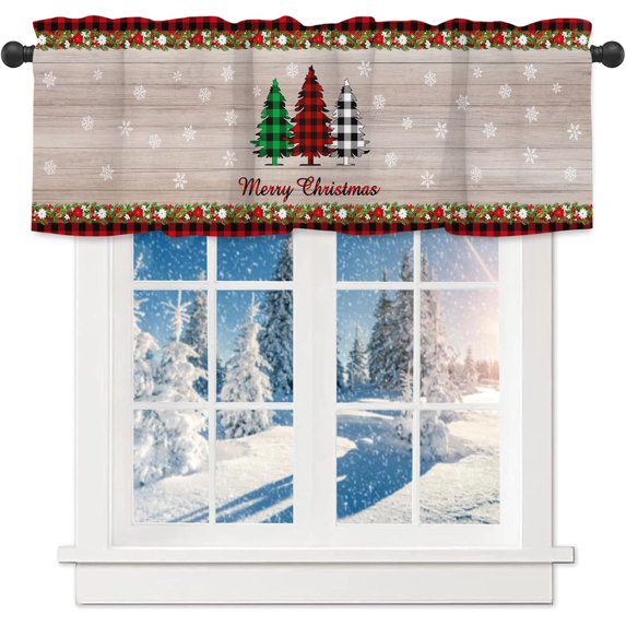 Merry Christmas Valances for Windows Farm Xmas Tree Valance Kitchen Curtains with Rod Pocket Red Black Buffalo Check Plaid Short Curtain Panels Decor for Kitchen Bathroom Bedroom 54" X 18"