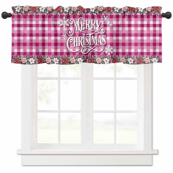Merry Christmas Valances for Windows, Flowers Snowflakes Pink Flower Lattice Light Filtering Window Treatment Valances, Rod Pocket Small Curtains for Kitchen/Bathroom, 42"x12"
