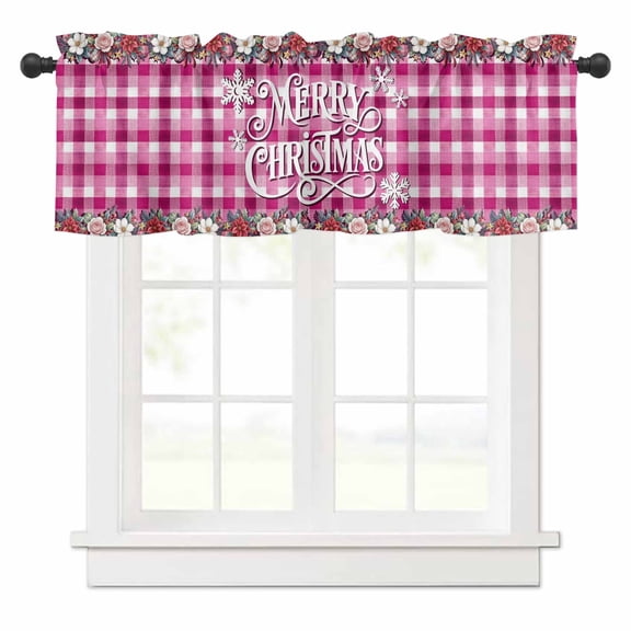 Merry Christmas Valances for Windows Flowers Snowflakes Pink Flower Lattice Rod Pocket Curtain Valance Window Treatment Short Curtains for Kitchen Living Room, 60"x14"