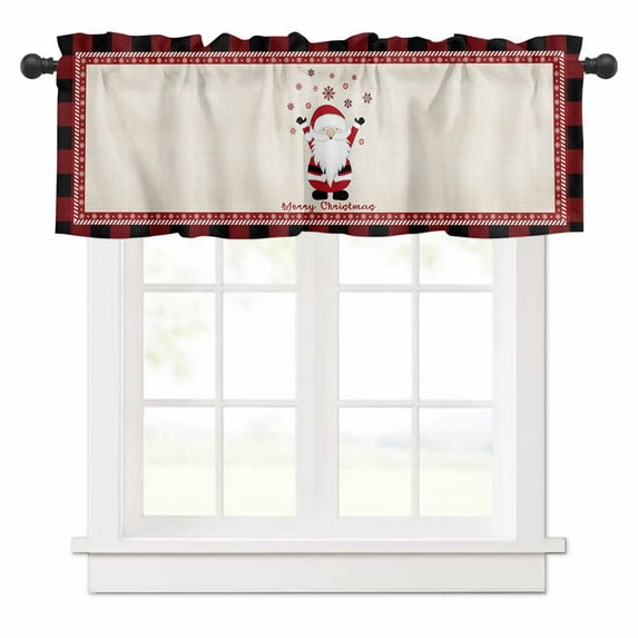 Merry Christmas Valances for Windows Gnome Xmas Snowflake Plaid Red and White Rod Pocket Curtain Valance Window Treatment Short Curtains for Kitchen Living Room, 42"x18"