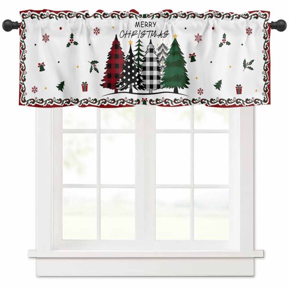 Merry Christmas Valances for Windows, Green Black Xmas Tree Red Floral Border Light Filtering Window Treatment Valances, Rod Pocket Small Curtains for Kitchen/Bathroom, 42"x18"