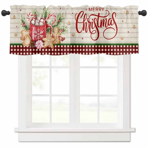 Merry Christmas Valances for Windows, Hot Cocoa Gingerbread Man Vintage Plaid Light Filtering Window Treatment Valances, Rod Pocket Small Curtains for Kitchen/Bathroom, 42"x12"