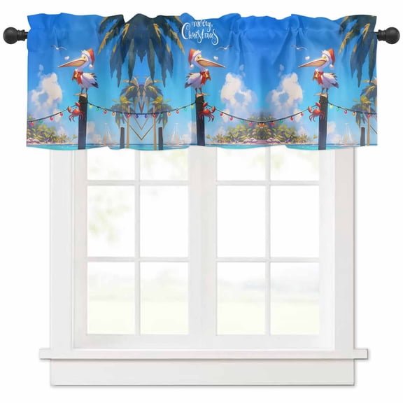 Merry Christmas Valances for Windows, Pelican Beach Ocean Coconut Tree Light Filtering Window Treatment Valances, Rod Pocket Small Curtains for Kitchen/Bathroom, 42"x18"
