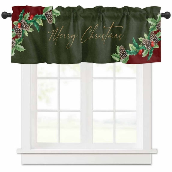 Merry Christmas Valances for Windows, Pine Cone Leaf Dark Green Background Light Filtering Window Treatment Valances, Rod Pocket Small Curtains for Kitchen/Bathroom, 42"x12"