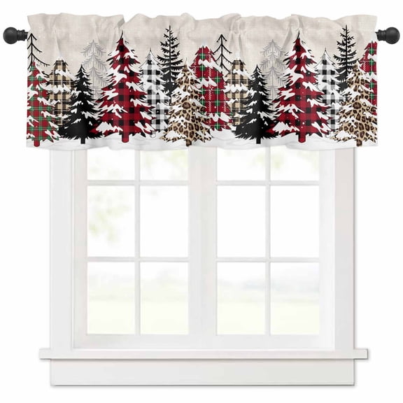 Merry Christmas Valances for Windows, Red Plaid Leopard Xmas Tree Light Filtering Window Treatment Valances, Rod Pocket Small Curtains for Kitchen/Bathroom, 56"x16"