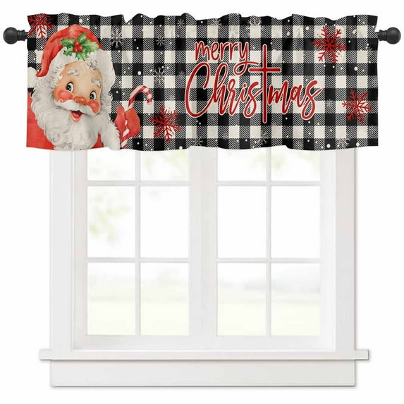 Merry Christmas Valances for Windows, Red Santa Claus Winter Snowflake Black Plaid Light Filtering Window Treatment Valances, Rod Pocket Small Curtains for Kitchen/Bathroom, 60"x14"