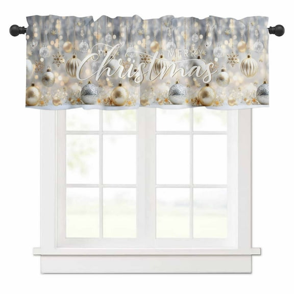 Merry Christmas Valances for Windows Snowflake Gold Sliver Colored Ball Winter Rod Pocket Curtain Valance Window Treatment Short Curtains for Kitchen Living Room, 54"x18"