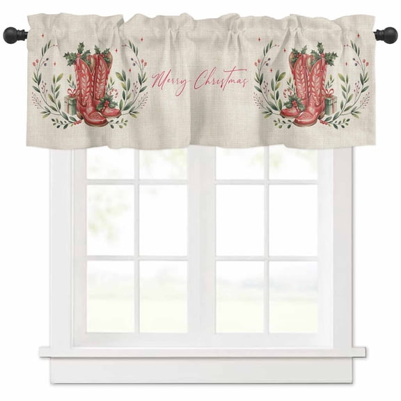 Merry Christmas Valances for Windows, Western Boots Botanical Leaves Poinsettia Linen Light Filtering Window Treatment Valances, Rod Pocket Small Curtains for Kitchen/Bathroom, 60"x14"
