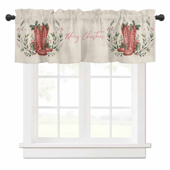 Merry Christmas Valances for Windows Western Boots Botanical Leaves Poinsettia Linen Rod Pocket Curtain Valance Window Treatment Short Curtains for Kitchen Living Room, 60"x14"